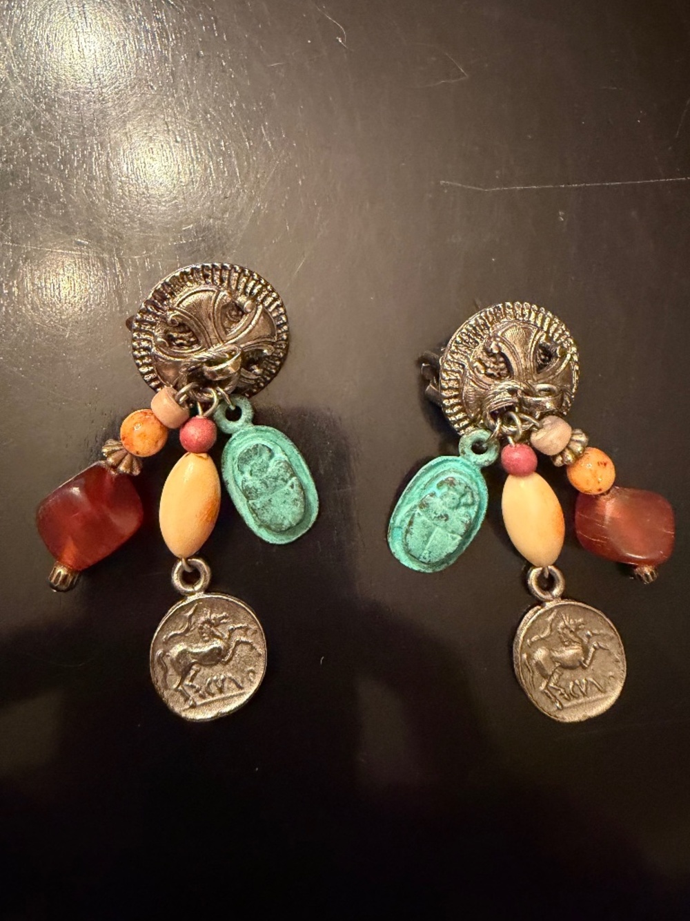 Vintage Silver Shield Clip on Robert Rose Earrings Roman Coin Scarab Stones Exc